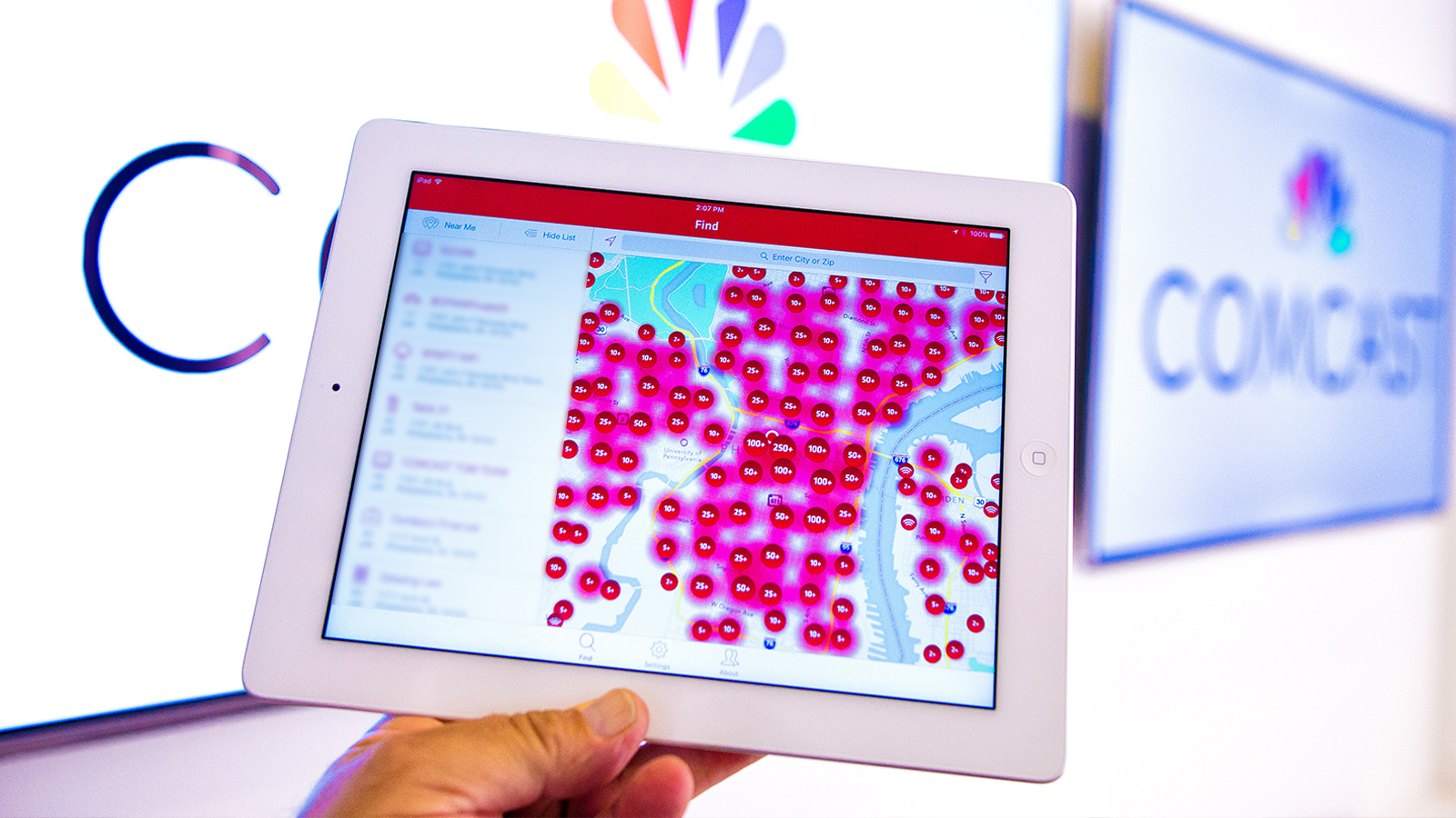 A map of Xfinity hotspots displayed on a tablet.
